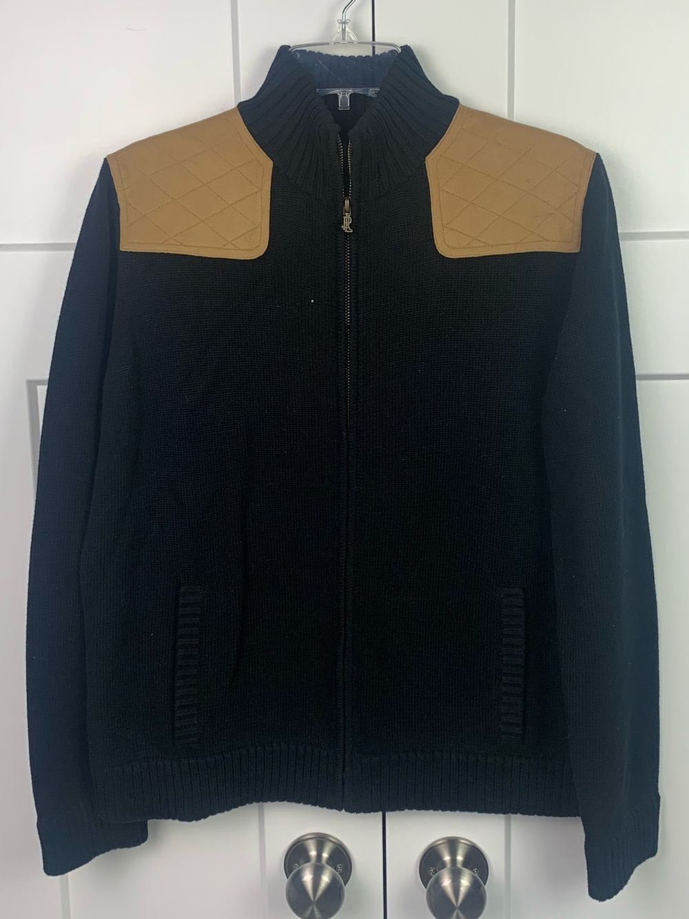 Ralph Lauren Women's L Zip Elbow Patch Sweater Jacket Black Equestrian Academia